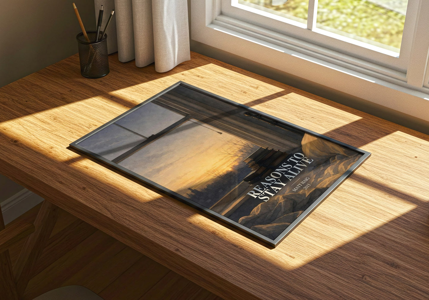 Reasons To Stay Alive watercolour book poster framed on wall – memoir wall art