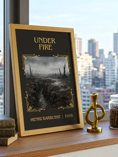 Under Fire Classic Book Art Print by Henri Barbusse – framed print on a city-view windowsill