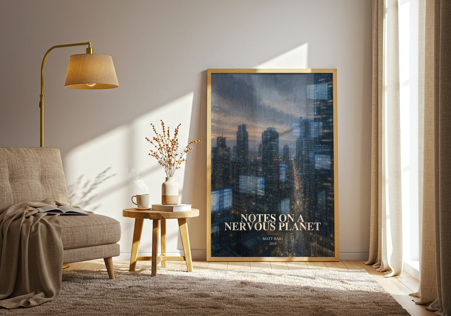 Notes On A Nervous Planet watercolour print in frame leaning in hallway – non fiction wall art