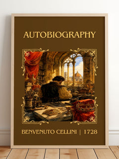 Autobiography Classic Book Art Print by Benvenuto Cellini – framed print leaning on a wooden floor