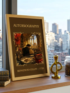 Autobiography Classic Book Art Print by Benvenuto Cellini – framed print on a city-view windowsill