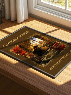 Autobiography Classic Book Art Print by Benvenuto Cellini – print on a sunlit desk