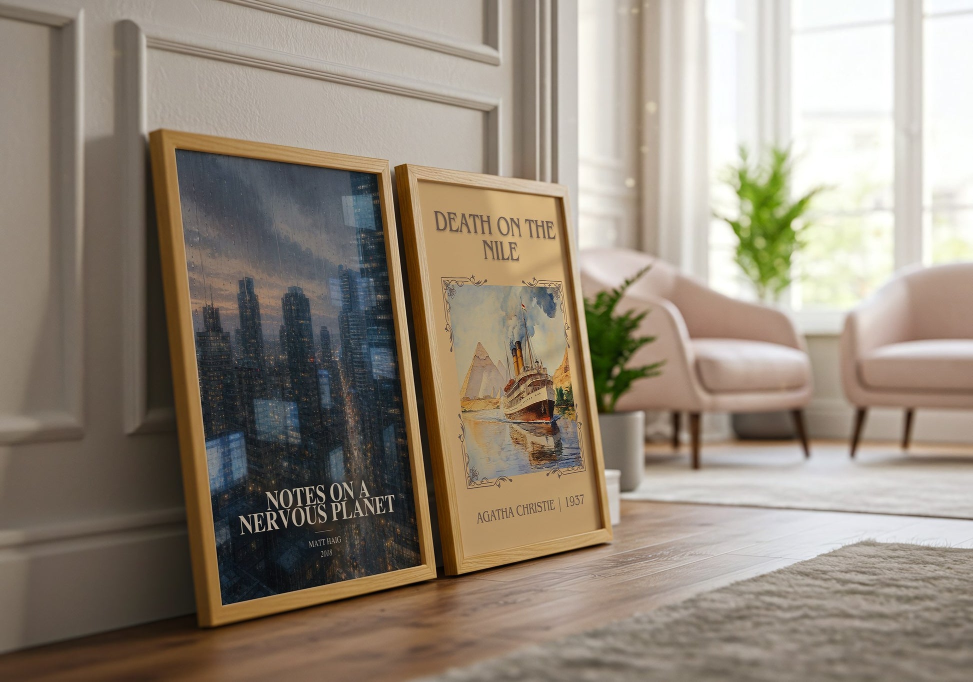 Notes On A Nervous Planet watercolour print framed by window – literary home decor