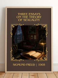 Three Essays on the Theory of Sexuality Classic Book Art Print by Sigmund Freud – framed print leaning on a wooden floor