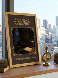 Three Essays on the Theory of Sexuality Classic Book Art Print by Sigmund Freud – framed print on a city-view windowsill