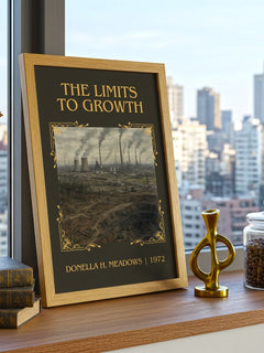 The Limits To Growth Classic Book Art Print by Donella H. Meadows – framed print on a city-view windowsill