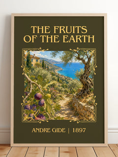The Fruits of the Earth Classic Book Art Print by André Gide – framed print leaning on a wooden floor