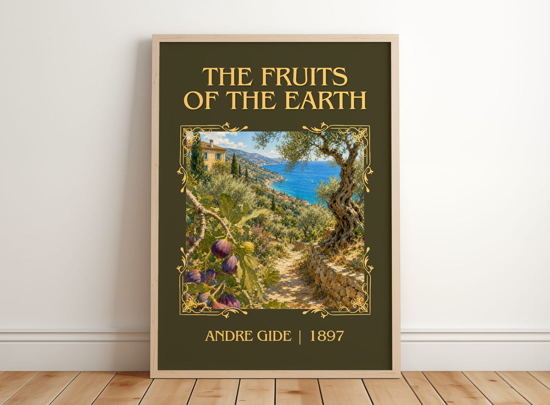 The Fruits of the Earth Classic Book Art Print by André Gide – framed print leaning on a wooden floor