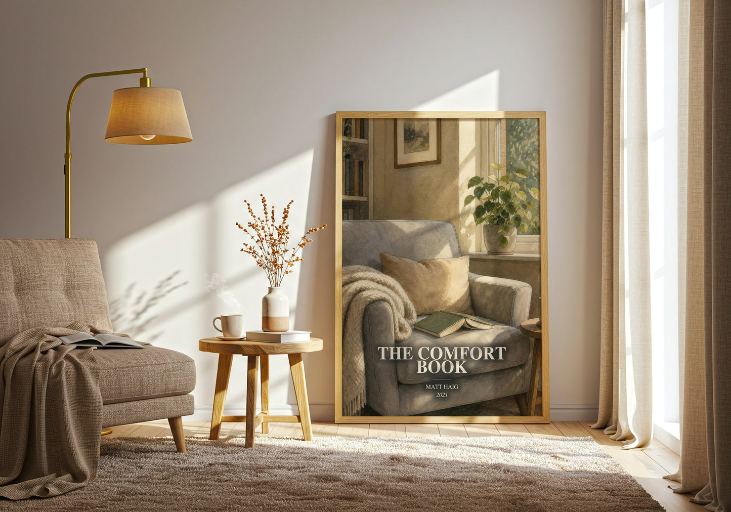 The Comfort Book watercolour print in frame leaning in hallway – non fiction wall art