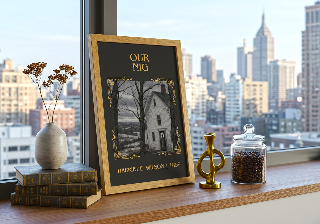 Our Nig Classic Book Art Print by Harriet E. Wilson – framed print on a city-view windowsill