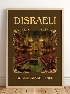 Disraeli Classic Book Art Print by Robert Blake – framed print leaning on a wooden floor