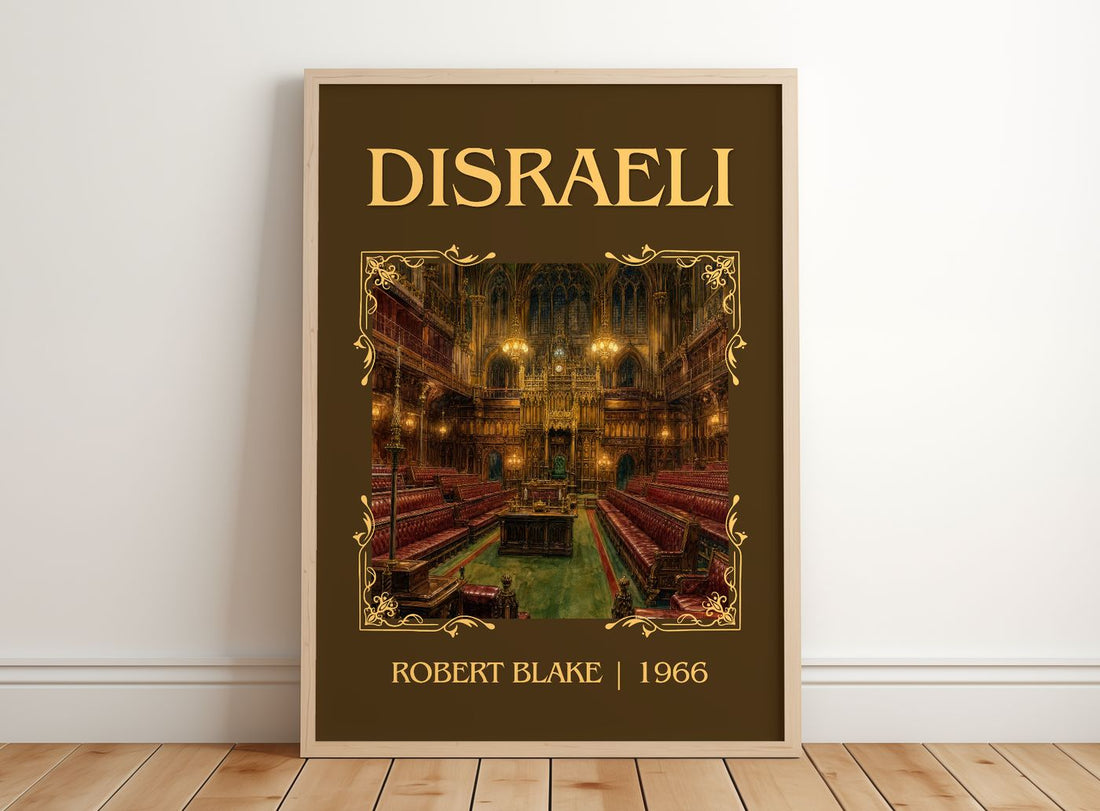 Disraeli Classic Book Art Print by Robert Blake – framed print leaning on a wooden floor