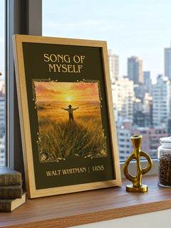 Song Of Myself Classic Book Art Print by Walt Whitman – framed print on a city-view windowsill
