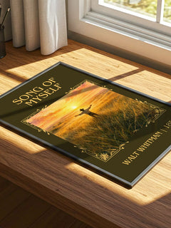 Song Of Myself Classic Book Art Print by Walt Whitman – print on a sunlit desk
