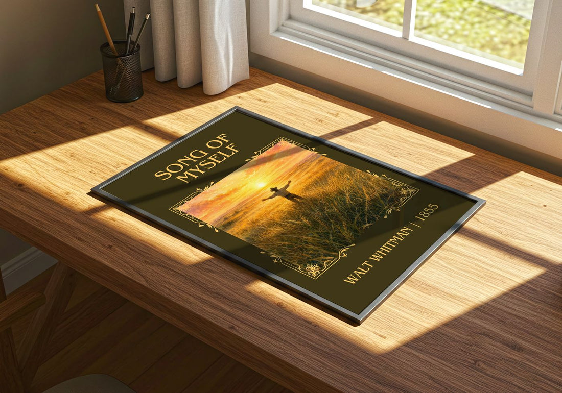 Song Of Myself Classic Book Art Print by Walt Whitman – print on a sunlit desk