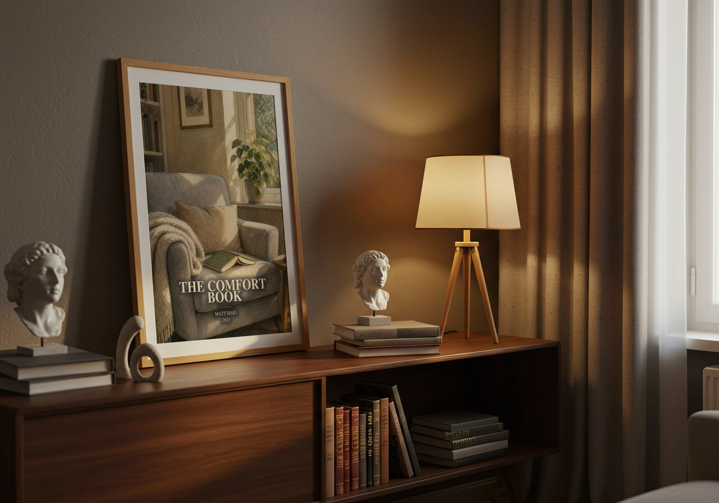The Comfort Book watercolour print on bookshelf – Matt Haig fan gift