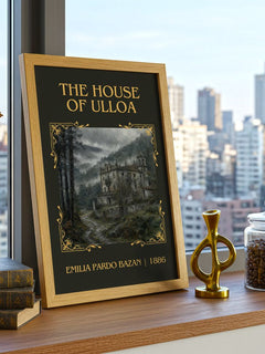 The House of Ulloa Classic Book Art Print by Emilia Pardo Bazán – framed print on a city-view windowsill
