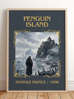 Penguin Island Classic Book Art Print by Anatole France – framed print leaning on a wooden floor