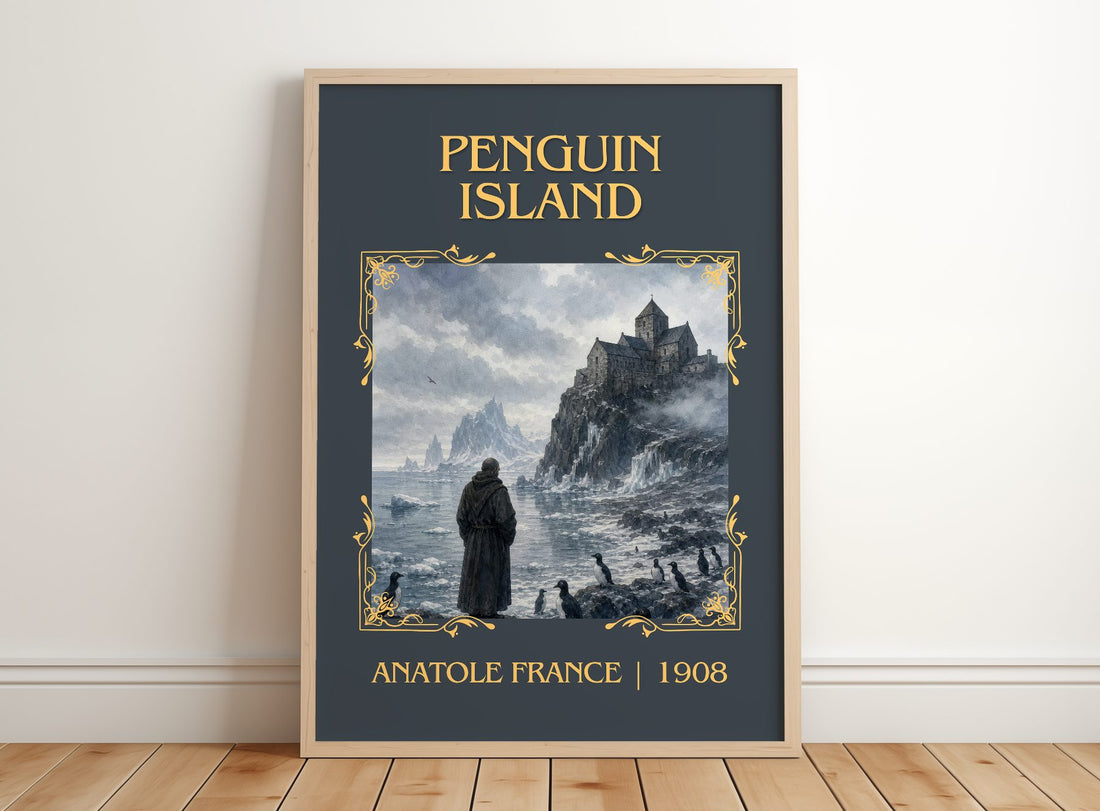 Penguin Island Classic Book Art Print by Anatole France – framed print leaning on a wooden floor
