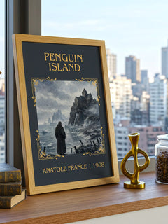 Penguin Island Classic Book Art Print by Anatole France – framed print on a city-view windowsill