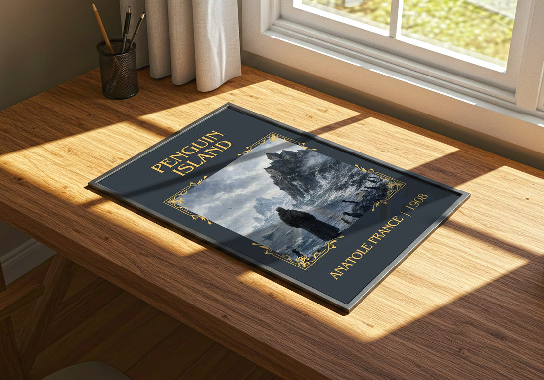 Penguin Island Classic Book Art Print by Anatole France – print on a sunlit desk