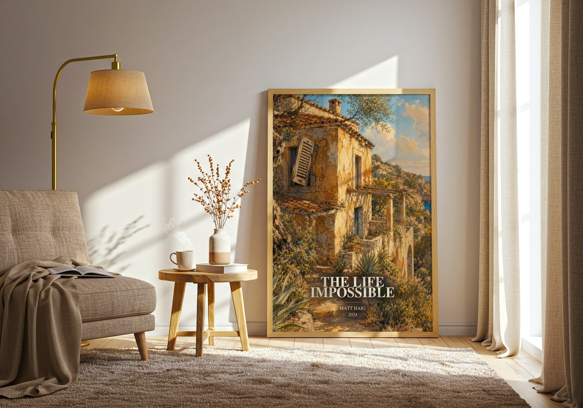 The Life Impossible watercolour print in frame leaning in hallway – contemporary fiction wall art