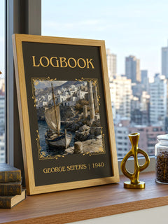Logbook Classic Book Art Print by George Seferis – framed print on a city-view windowsill