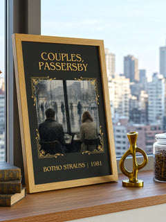 Couples, Passersby Classic Book Art Print by Botho Strauß – framed print on a city-view windowsill