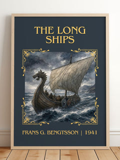 The Long Ships Classic Book Art Print by Frans G. Bengtsson – framed print leaning on a wooden floor
