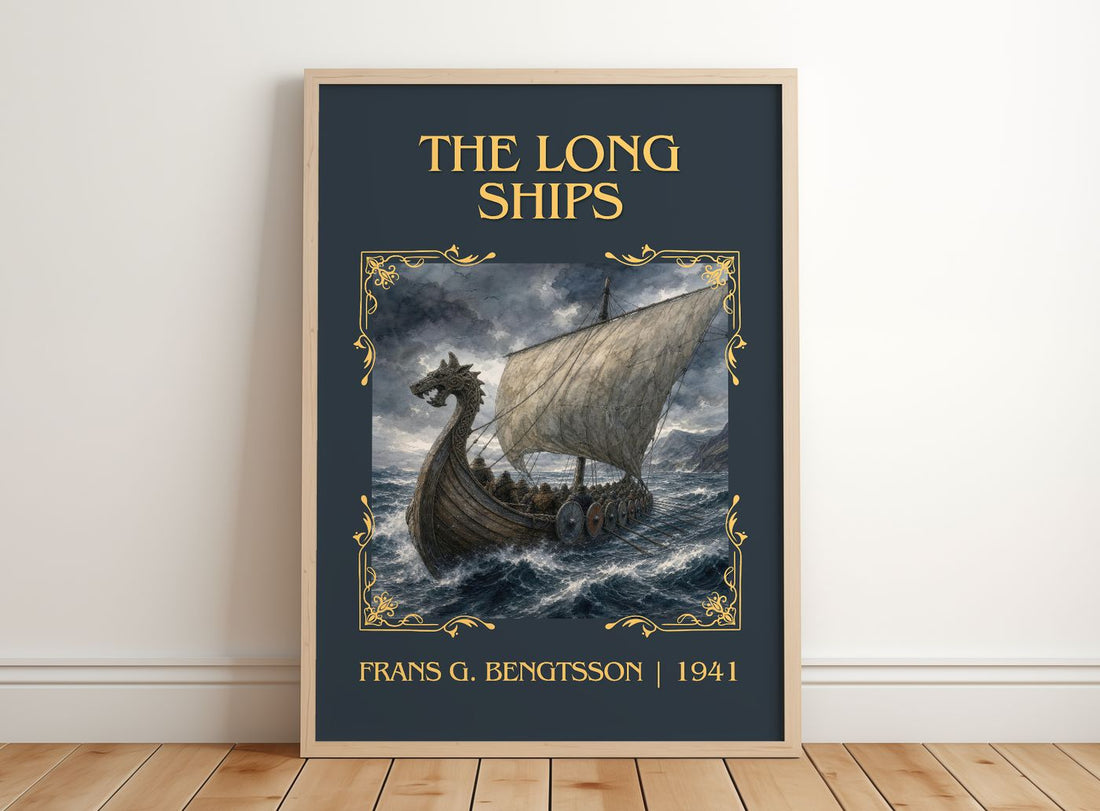 The Long Ships Classic Book Art Print by Frans G. Bengtsson – framed print leaning on a wooden floor
