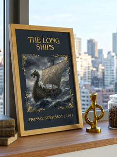 The Long Ships Classic Book Art Print by Frans G. Bengtsson – framed print on a city-view windowsill