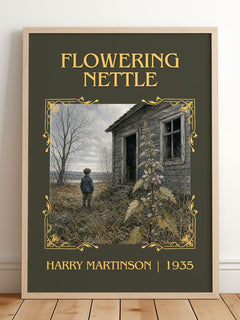 Flowering Nettle Classic Book Art Print by Harry Martinson – framed print leaning on a wooden floor