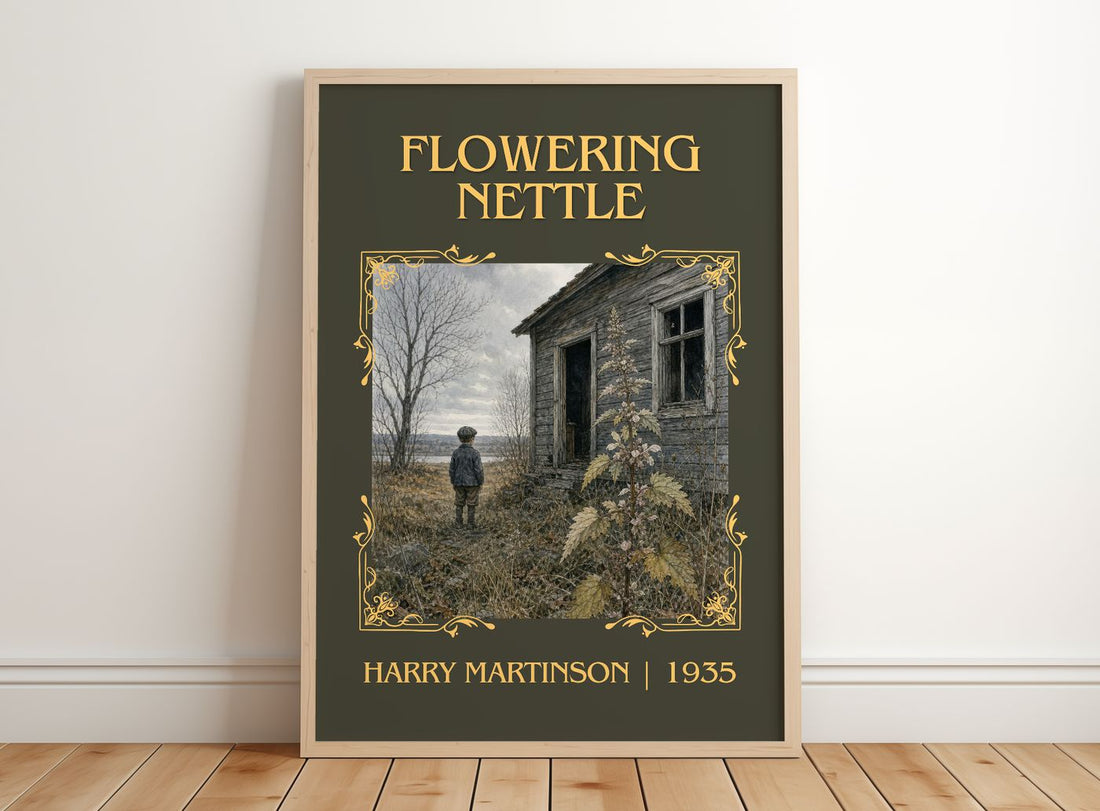 Flowering Nettle Classic Book Art Print by Harry Martinson – framed print leaning on a wooden floor