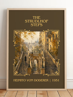 The Strudlhof Steps Classic Book Art Print by Heimito von Doderer – framed print leaning on a wooden floor