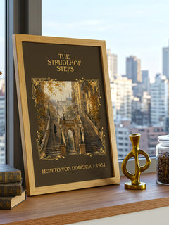 The Strudlhof Steps Classic Book Art Print by Heimito von Doderer – framed print on a city-view windowsill