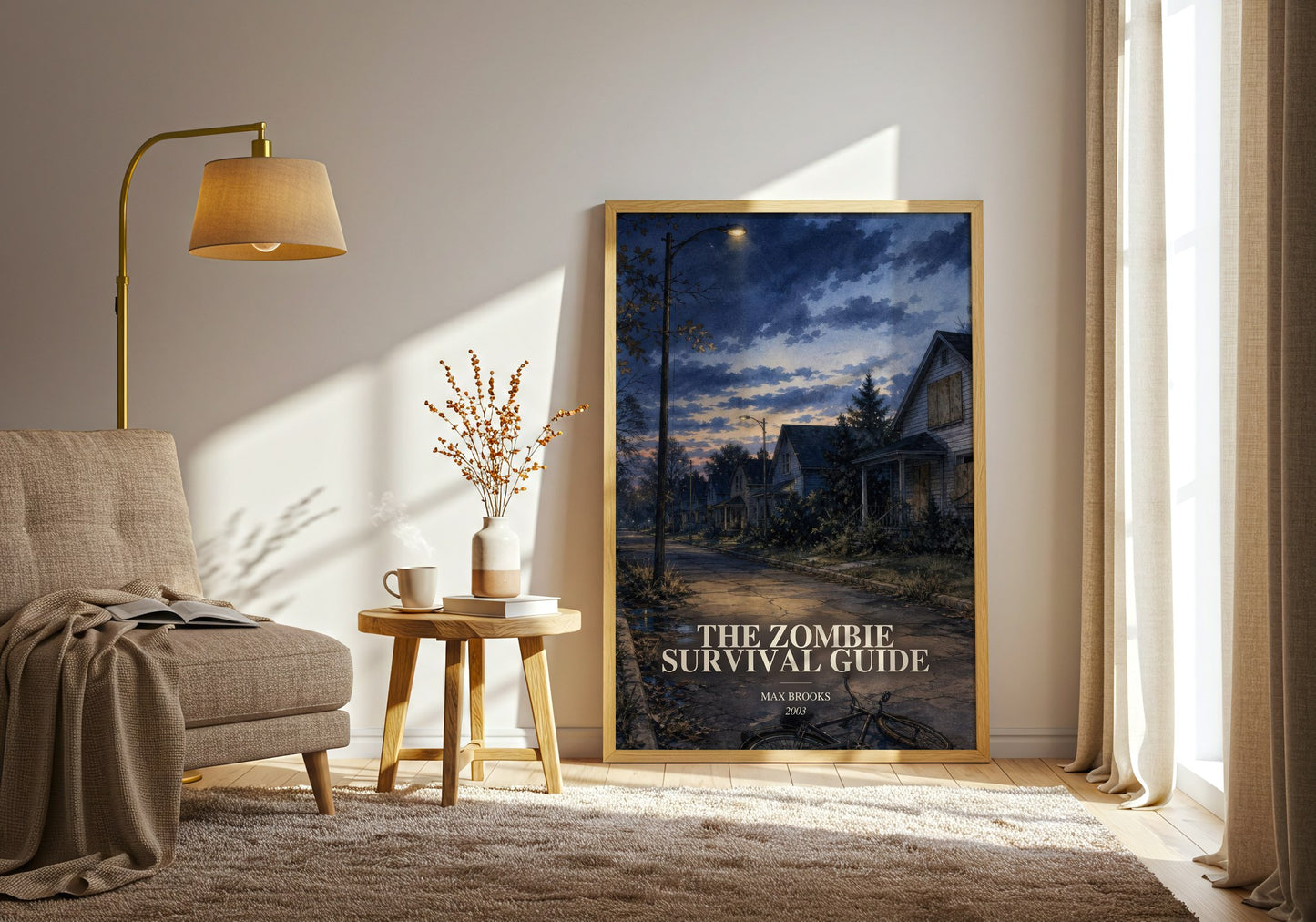 The Zombie Survival Guide watercolour print in frame leaning in hallway – non fiction wall art