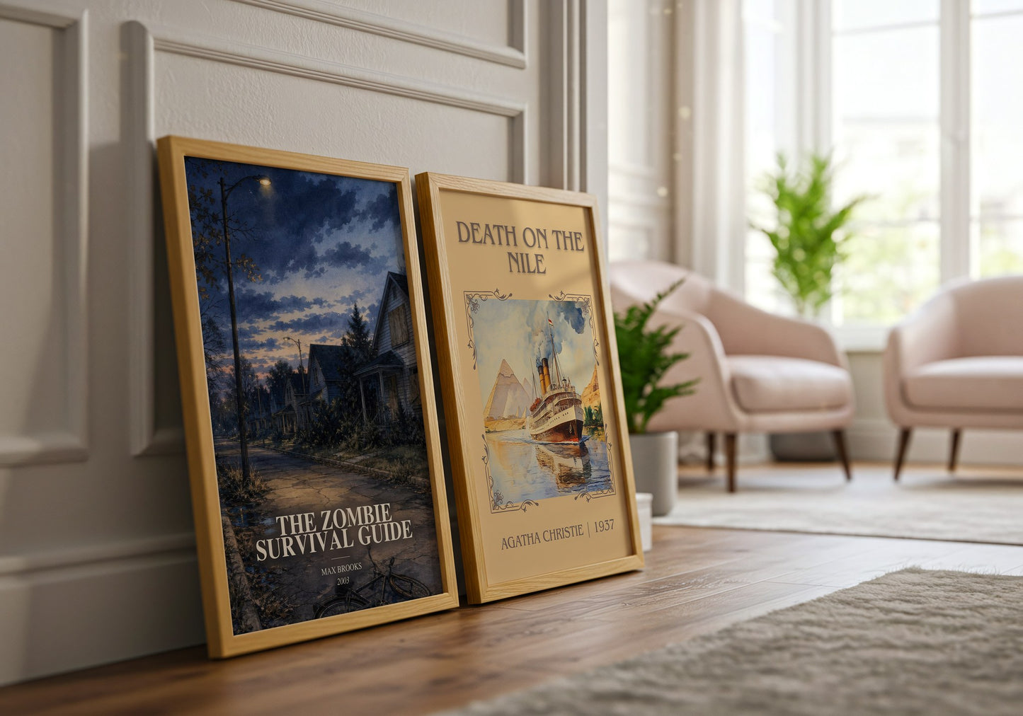 The Zombie Survival Guide watercolour print framed by window – literary home decor