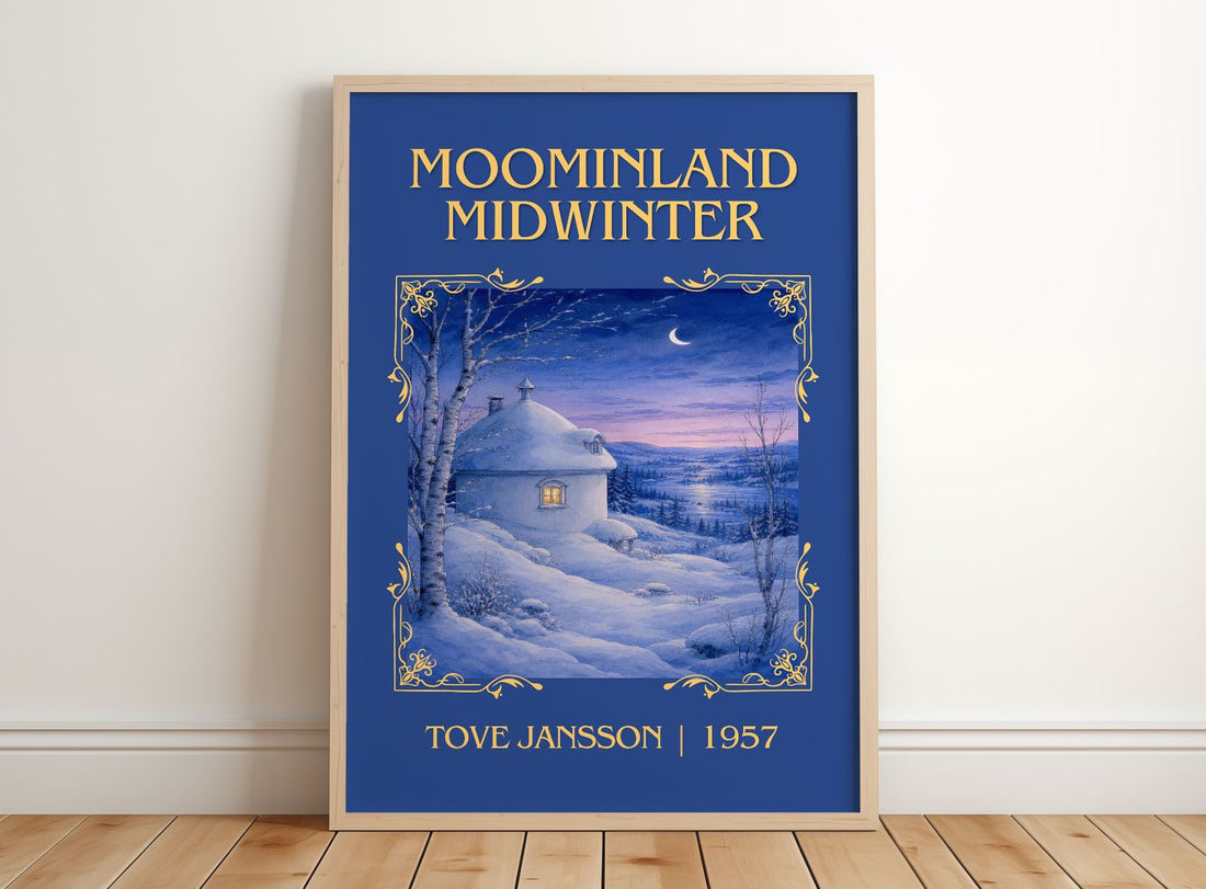 Moominland Midwinter Classic Book Art Print by Tove Jansson – framed print leaning on a wooden floor