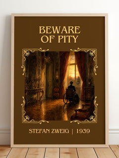 Beware Of Pity Classic Book Art Print by Stefan Zweig – framed print leaning on a wooden floor