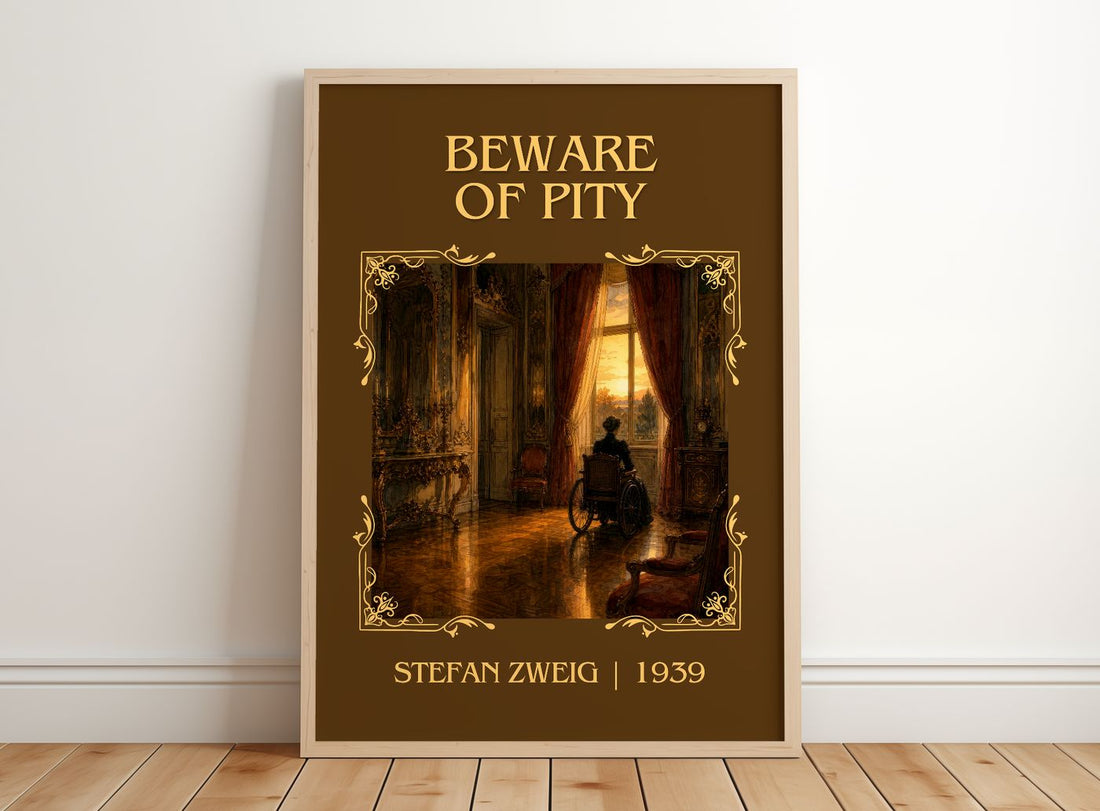 Beware Of Pity Classic Book Art Print by Stefan Zweig – framed print leaning on a wooden floor