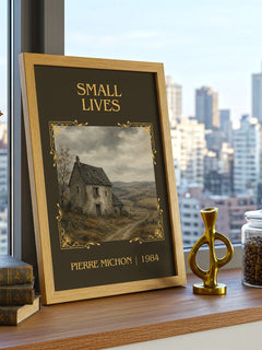 Small Lives Classic Book Art Print by Pierre Michon – framed print on a city-view windowsill