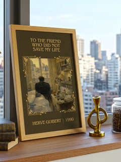 To The Friend Who Did Not Save My Life Classic Book Art Print by Hervé Guibert – framed print on a city-view windowsill