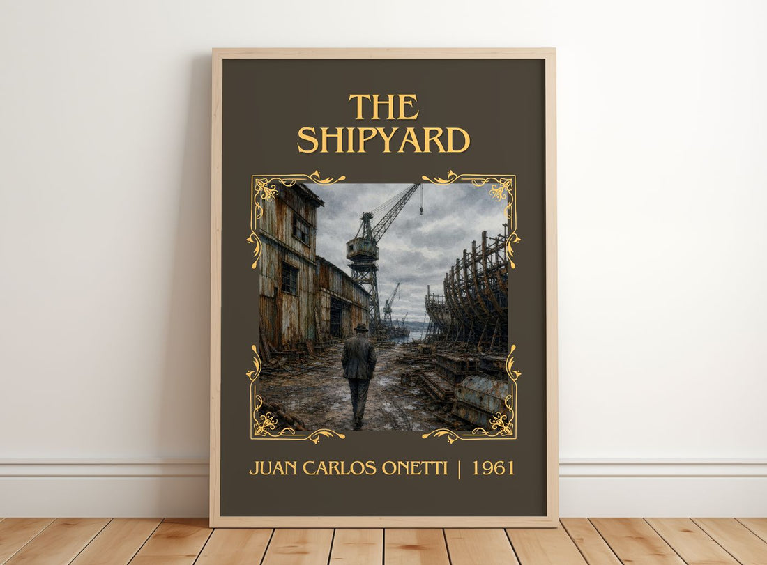 The Shipyard Classic Book Art Print by Juan Carlos Onetti – framed print leaning on a wooden floor
