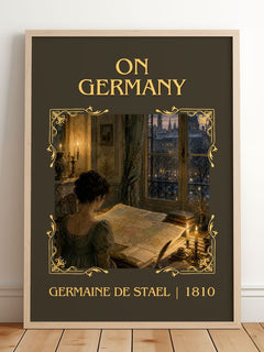 On Germany Classic Book Art Print by Germaine de Staël – framed print leaning on a wooden floor