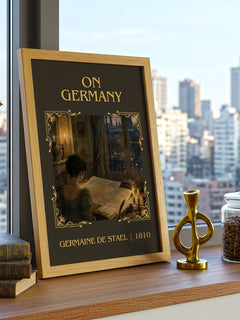 On Germany Classic Book Art Print by Germaine de Staël – framed print on a city-view windowsill