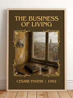 The Business of Living Classic Book Art Print by Cesare Pavese – framed print leaning on a wooden floor