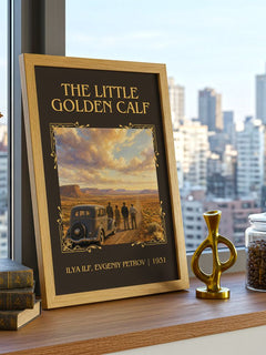 Little Golden Calf Classic Book Art Print by Ilya Ilf, Evgeniy Petrov – framed print on a city-view windowsill
