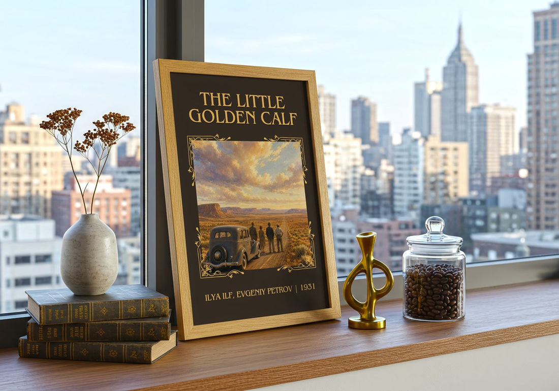 Little Golden Calf Classic Book Art Print by Ilya Ilf, Evgeniy Petrov – framed print on a city-view windowsill