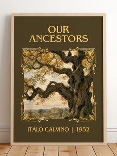 Our Ancestors Classic Book Art Print by Italo Calvino – framed print leaning on a wooden floor