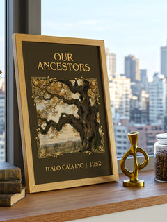 Our Ancestors Classic Book Art Print by Italo Calvino – framed print on a city-view windowsill